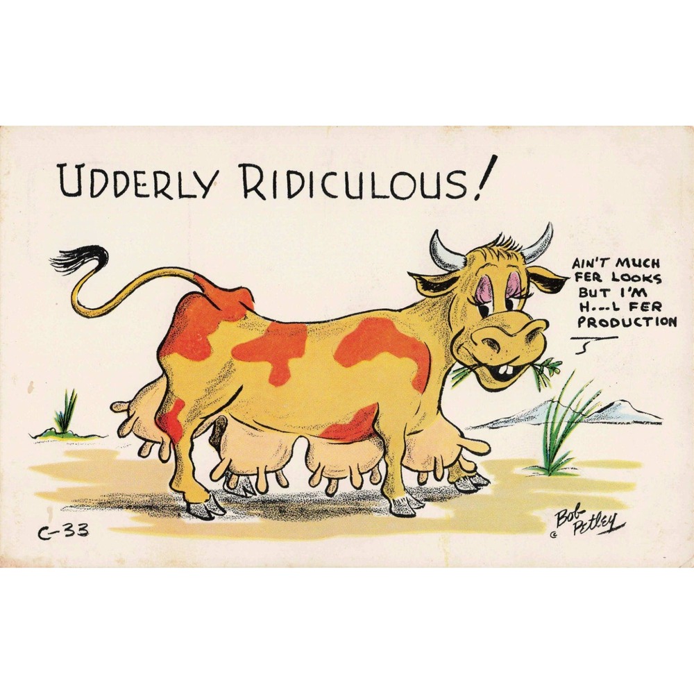 Vintage Bob Petley Laff Card Postcard Udderly Ridiculous Cow Humor C-33 - Picture 1 of 2